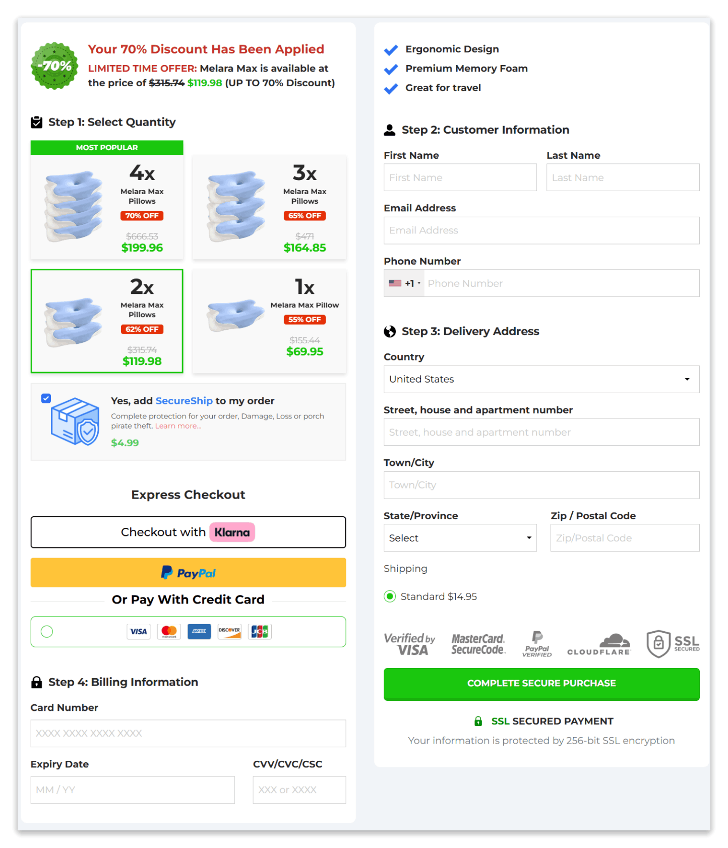 Melara Max Pillow secure checkout page